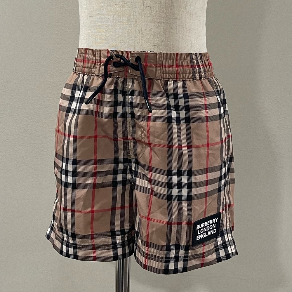 Burberry Beige and Black Checkered boys swim trunks